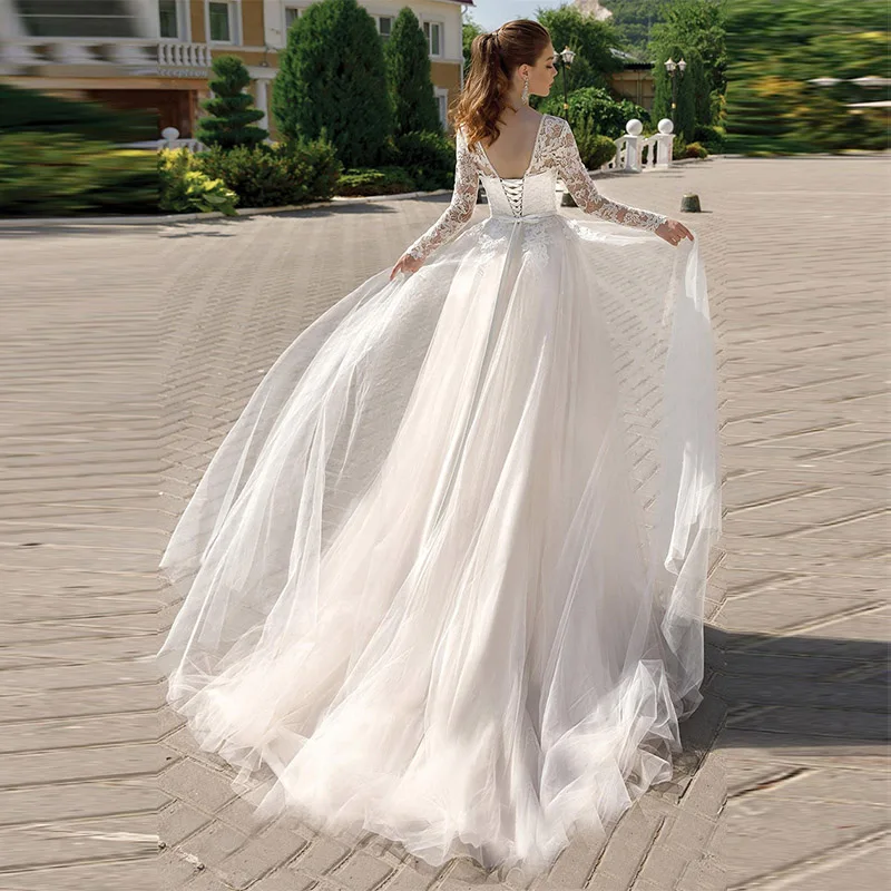 MoonlightShadow Luxury Wedding Dresses A-Line O-neck Full Sleeves Tulle Lace Up Appliques Bridal Gown Vestido De Casamento