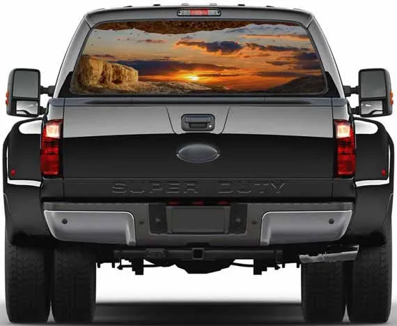 Бесплатная доставка 3D наклейка на заднее стекло автомобиля с дизайном заката в пещере для внедорожника, грузовика, подарка, искусства, изготовленная из водонепроницаемой ПВХ наклейки для стены.