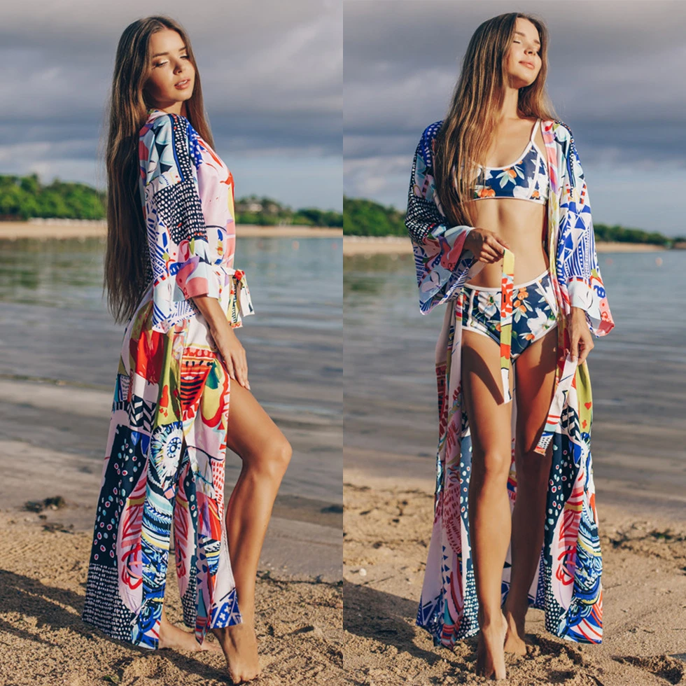 

Женский купальный костюм с принтом, хлопковая Пляжная накидка, Женская туника, летнее кимоно, кардиганы, пляжная одежда