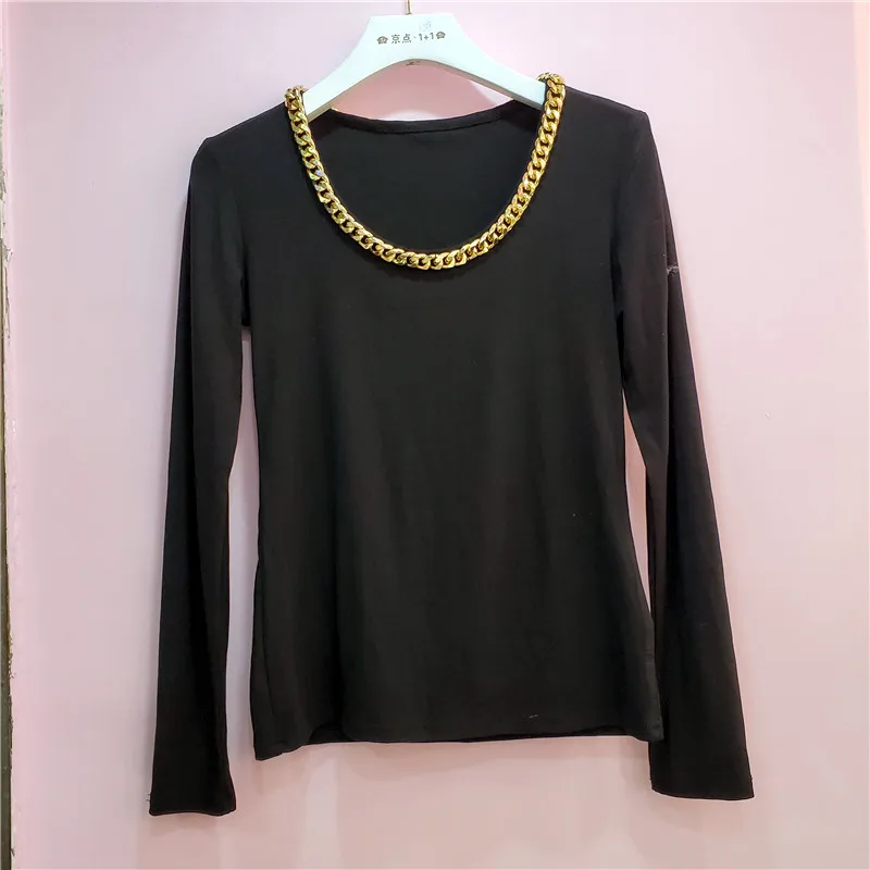 

Nancylim Harajuku Tshirt Women 2020 Autumn Long Sleeve T Shirts New Chain Round Neck All-match Pullovers Lady Top Slim Fit Tops