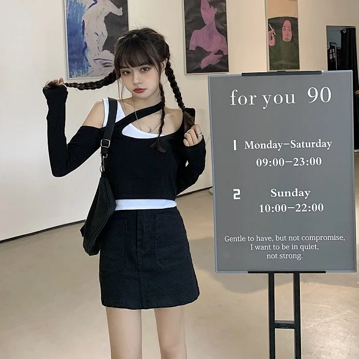 Женская футболка с открытыми плечами корейский стиль | одежда