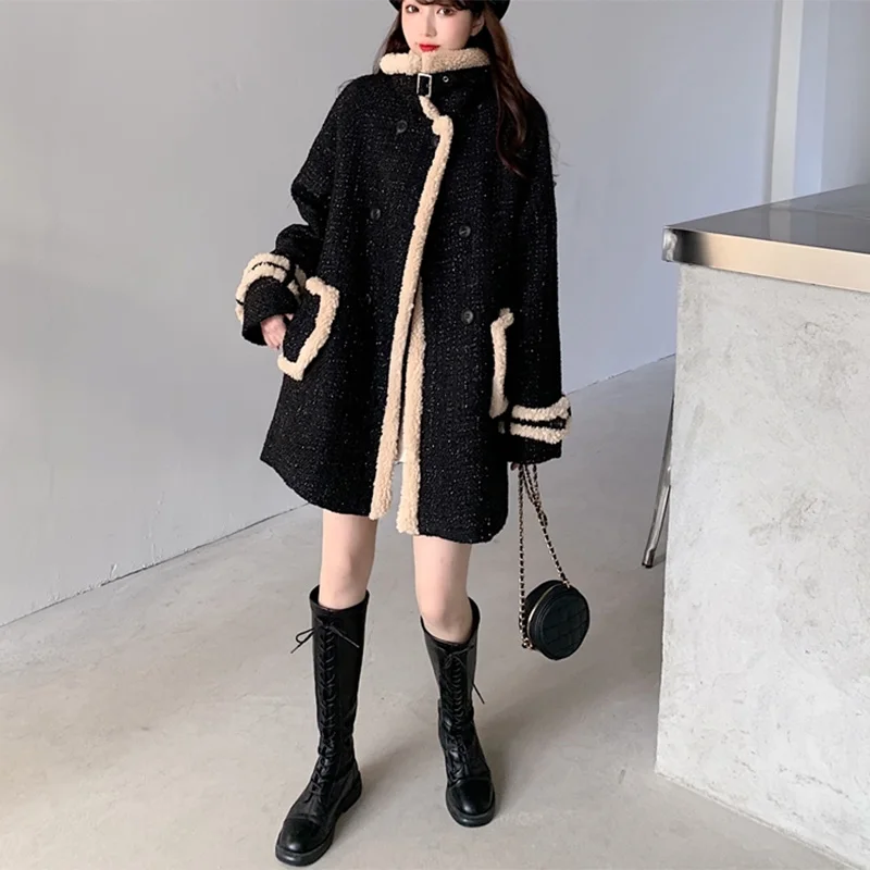 Женское твидовое пальто с карманами винтажное уличное теплое длинными рукавами