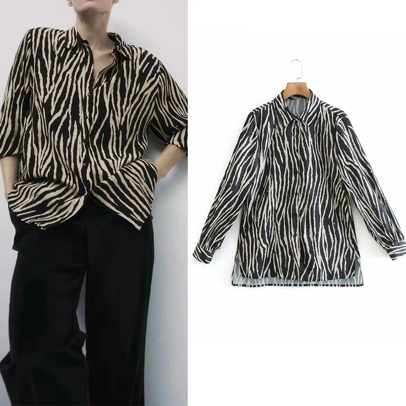 

Women Shirts Za Fashion Zebra Srtiped Print Loose Long Shirts Vintage Spring 2021 Turn Down Collar Blouse Mujer Tops