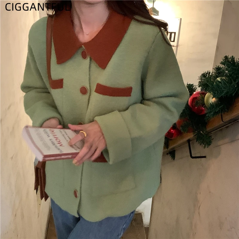 

Bag Buckle Color Matching Vintage Lapel Sweater Cardigan Women Autumn Lazy Loose Knit Jacket Long Sleeve Casual Spring Fall Coat