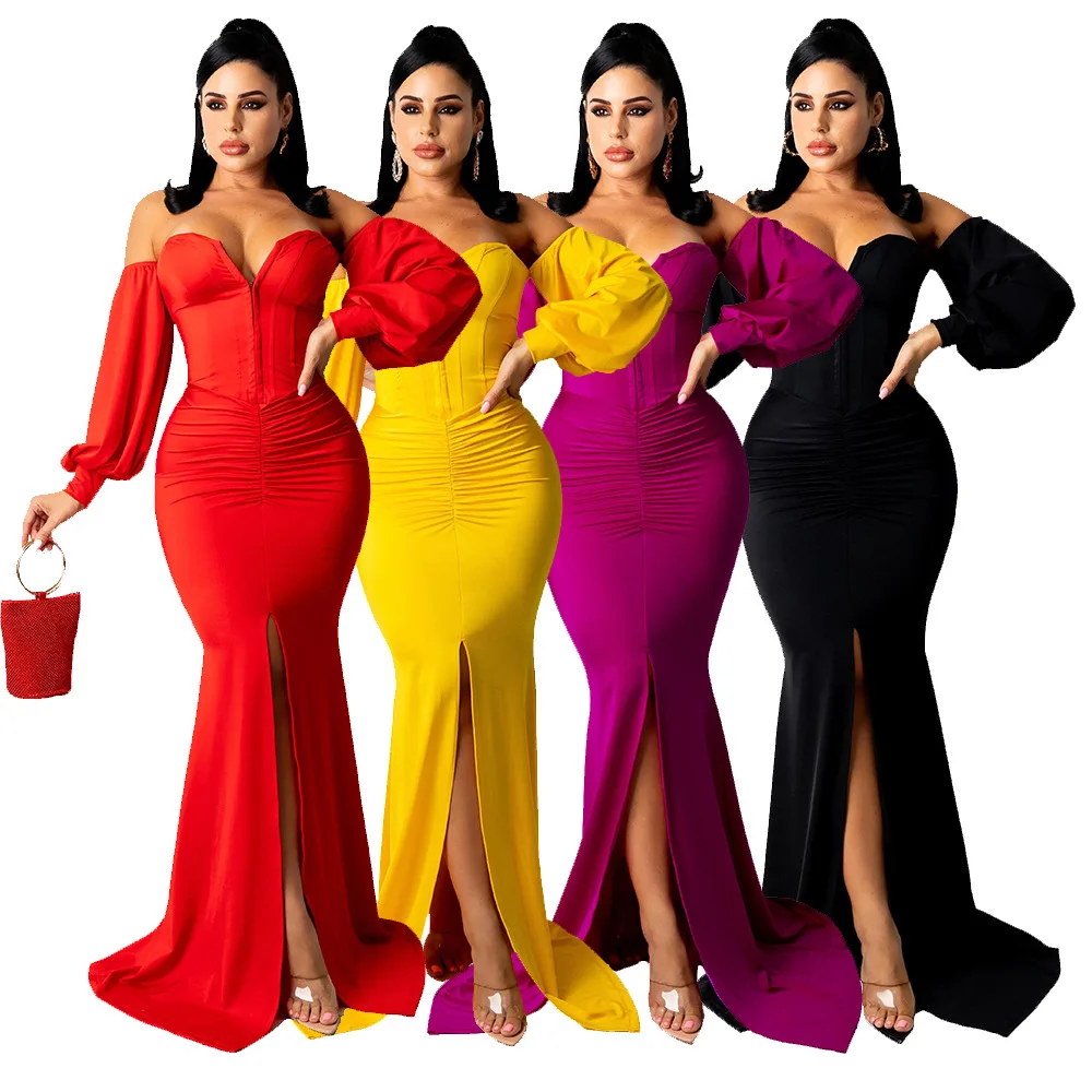 

2021 Women Dress Slash Neck Pulf Sleeve Solid Color Bodycon Streetwear Split Party Night Dresses For Women Outfit