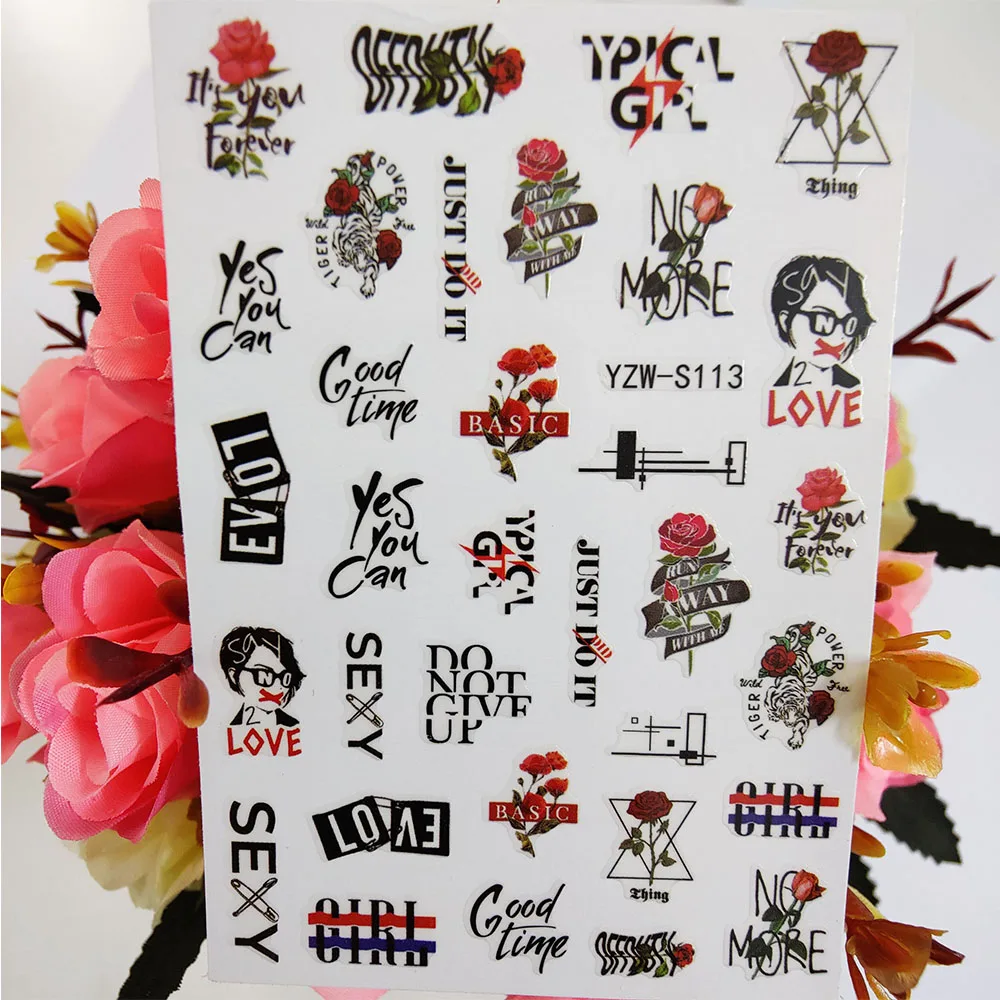 

3D Nail Sticker Letters Geometry Flowers Rose Sliders For Nails Art Decoraciones Manicure Accesoires Stickers on Fingernails