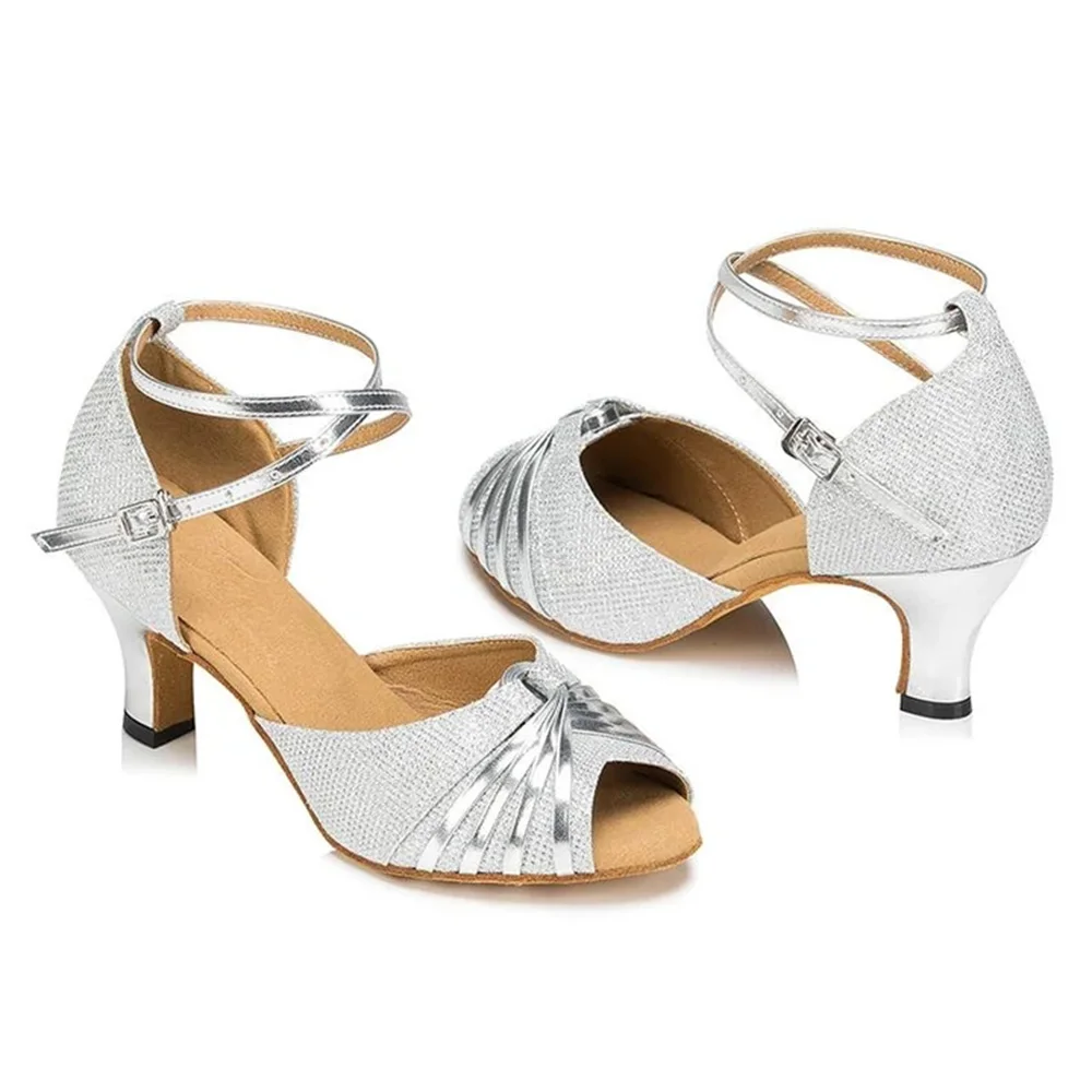Women Latin Dance Shoes BD Silver sparkling Glitter 6cm Heel Sole Ladies Salsa Ballroom Dancing Shoes Sandal Shining