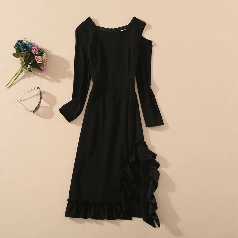 

Top Quality Designer Fashion 2020 Summer Dress Women Sexy Off Shoulder Ruffle Deco Long Sleeve Mid-Calf Length Sexy Black Dress