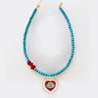 Бесплатная доставка эмалевая Подвеска от сглаза красные коралловые бусины Гладкий натуральный камень голубой бирюзовый круглые ожерелья для женщин Бохо ювелирные изделия