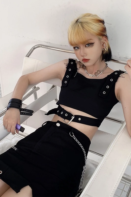 

Gothick Punk Suit Women's Summer 2021 New Vest Tank Top + Black Slim Skirt Fashion Extreme Sexy Mini Micro Skirt Clothes Suit
