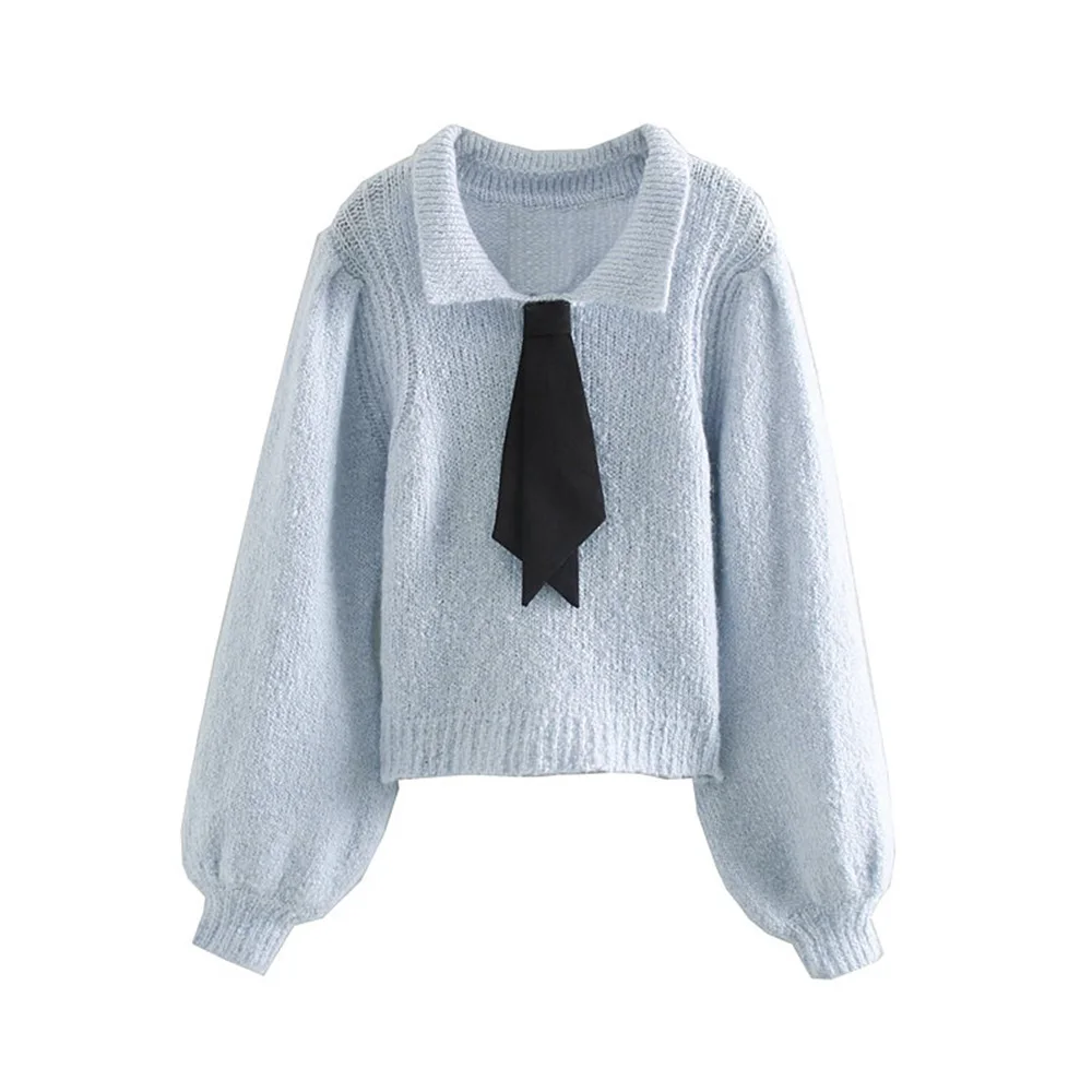 Осень 2019 новинка Женское поло пышный длинный рукав контрастный свитер с