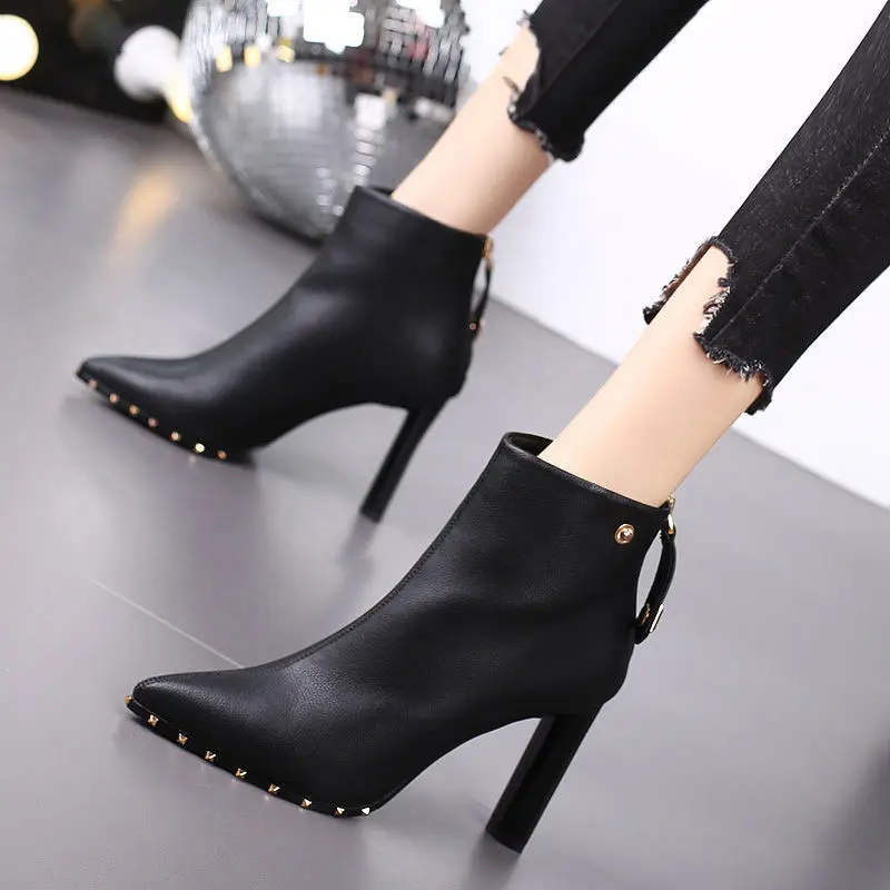 

9CM Shoes Woman Pointed-Toe Luxury Designer Chunky-Heel Ankle Boots Women's Autumn and Winter Rivet British-Style Martin Boots