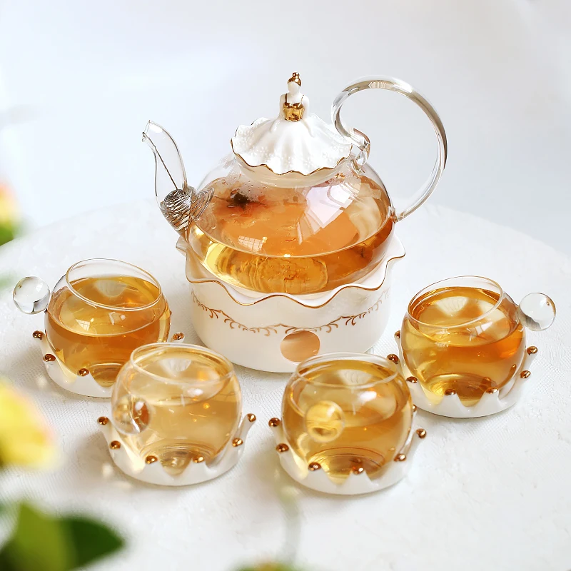 

BFE European Glass Teapot Set Exquisite Flower Tea Kettle Teatime Drinkware Household Teacups Ceramic Crown Saucer