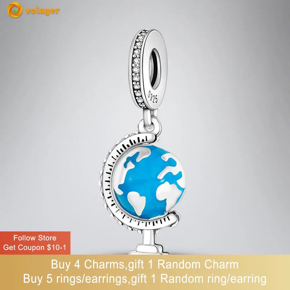 

Volayer 925 Sterling Silver Beads Light Blue Globe Charm fit Original Pandora Bracelets for Women Jewelry Making Gift