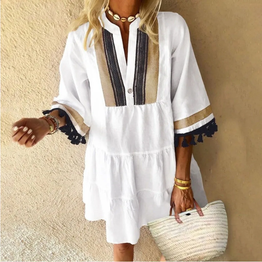 

Bohemian Floral Printed Beach Dress Women Sexy Ruffle Sleeve Boho Short Dresses Vestidos Casual Loose V-Neck Summer Sundress New