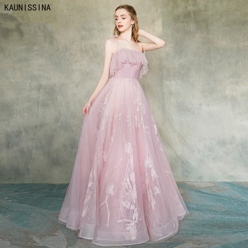 

KAUNISSINA Pink Formal Dress Spaghetti Strap Sleeveless Long Party Wear Dresses for Women Sweet Prom Gowns Vestidos De Fiesta