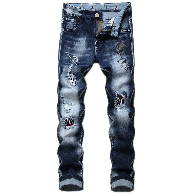 

MORUANCLE Mens Hi Street Ripped Jeans Pants Fashion Destroyed Distressed Denim Trousers With Holes Patches Washed Blue Stretch