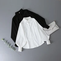 qweek 2021 fashion autumn elegant white womens blouse with lush sleeves casual shirt black lantern sleeves vintage shirts women