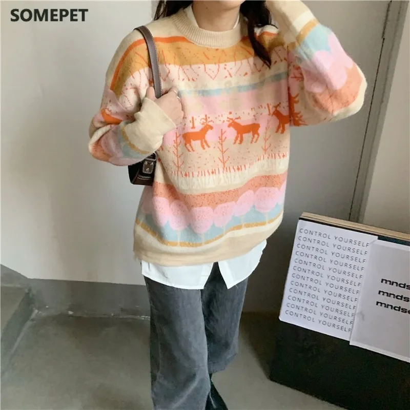 

Sweater Women Harajuku Japanese Autumn New Thick Long Sleeve Christmas Retro Pullovers Loose Tops Fashion