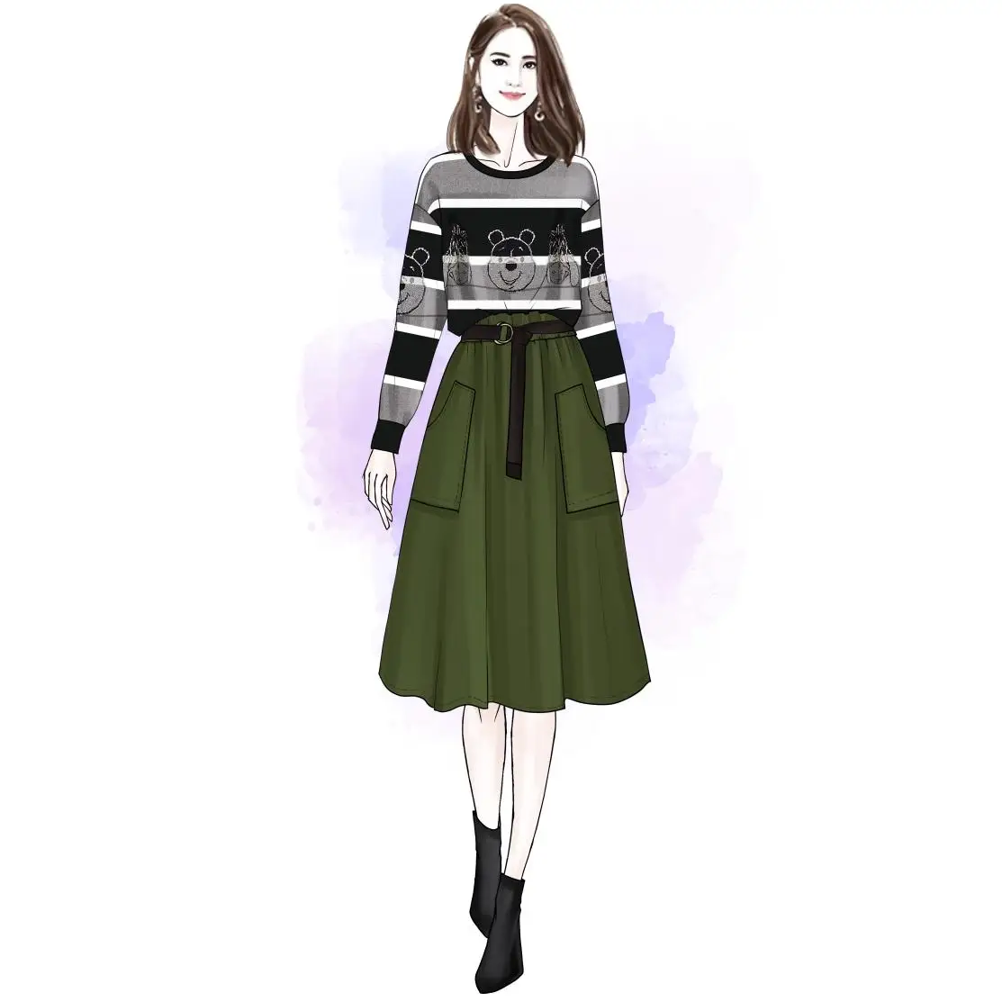

New Winter Network Infrared Wearing Striped Big Yards Loose Pullovers Sweater Top Outfit Elastic Buds Long Skirt Casual Set