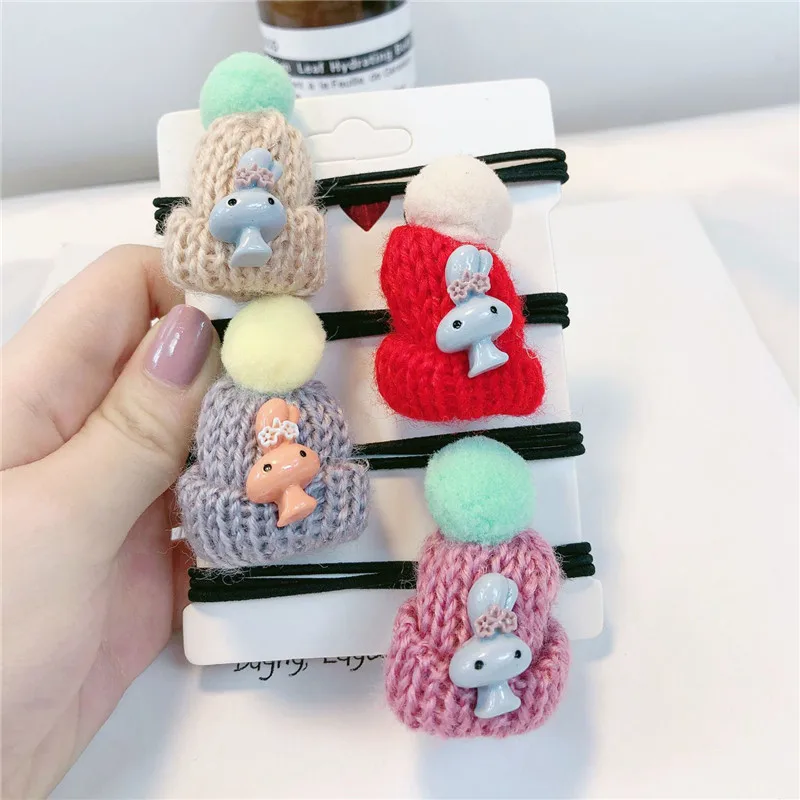 

300pcs/lot DIY Simple Multi Knitting Wool Rabbits Small Caps Rubber Band Elasticity Hair Bands Styling Tools Accessories HA1622