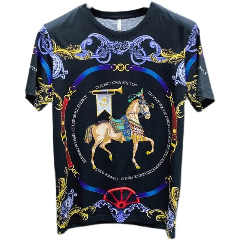 

2021 men's summer new style personality fashion handsome horse print slim round neck short sleeve T-shirt fashion