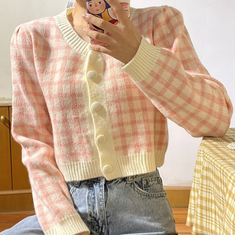 

Кардиган женский трикотажный в клетку, с круглым вырезом и длинным рукавом