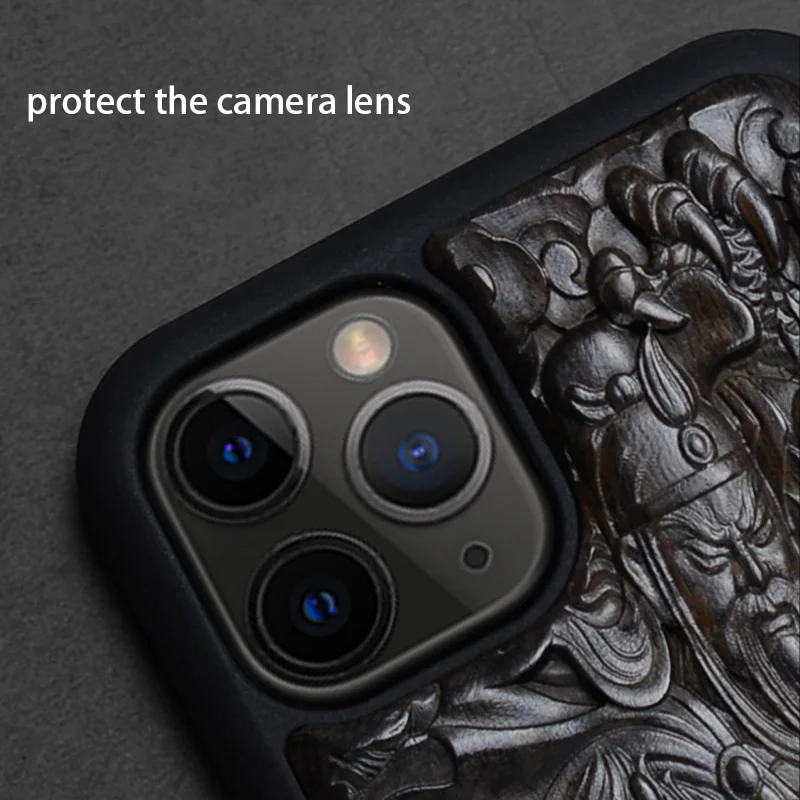 For IPhone 11 Pro Max Luxury Carved 3D Stereo Ebony Wood Case TPU Full Protective Back case Cases for |