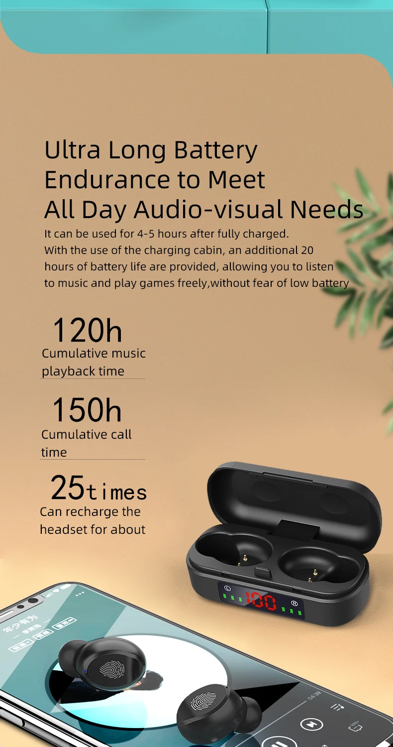

Wireless Bluetooth Stereo Earphones 2000mAh Sports Headphones Mini Earbuds for Android and iOS Smartphones