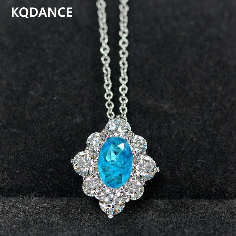 100% 925 sterling silver With 6*9mm Blue stone Lab Diamond Gemstones Paraiba Tourmaline Pariba pendant necklace Fine Jewelry