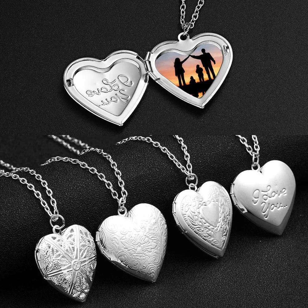 

Fashion Silvery Love Locket Pendant Pendant Female Men's Open Frame Glossy Family Picture Necklace Family Love Gift