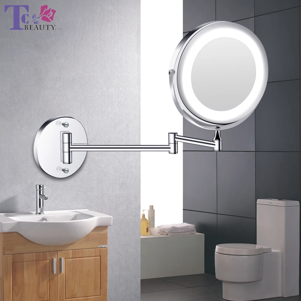 

Led Makeup Mirror With Light Folding Wall Vanity Mirror 1x 10x Magnifying Double Sided Touch Bright Adjustable Bathroom Mirrors