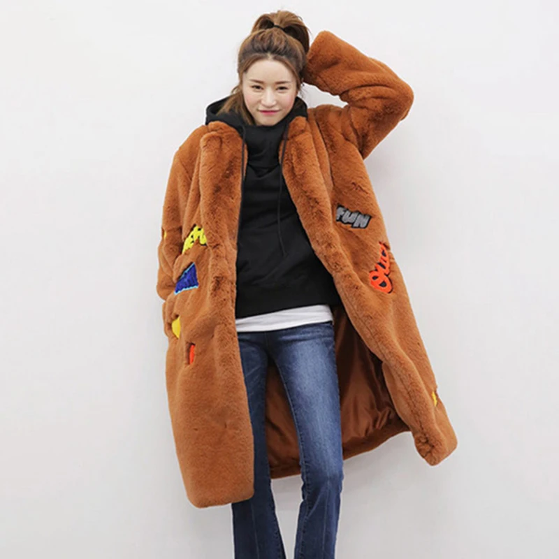 Winter Faux Fur Coat Women Warm Soft Fluffy Long Jacket Fashion Letter Warm Black Brown Green Faux Fur Jackets Overcoat Female