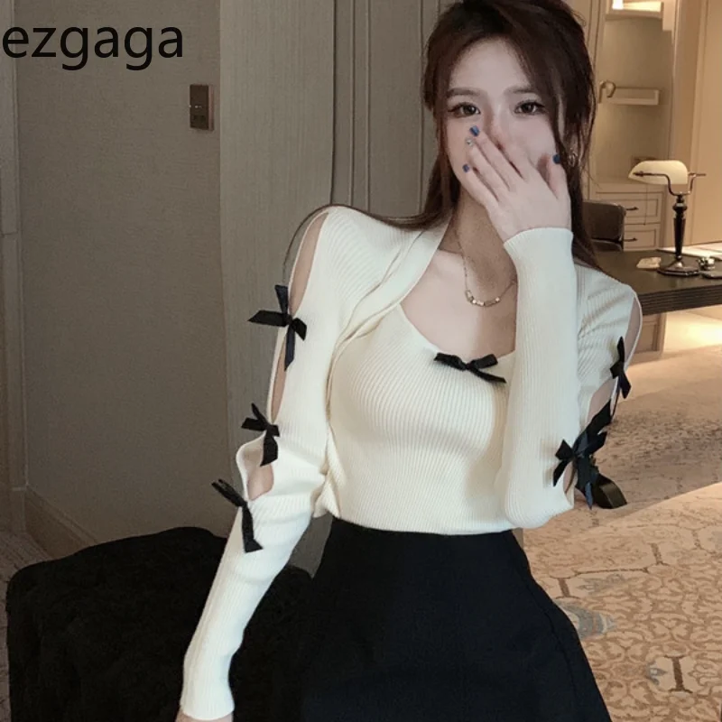 Ezgaga вязаный свитер женский с бантом вырезами лоскутное шитье квадратным