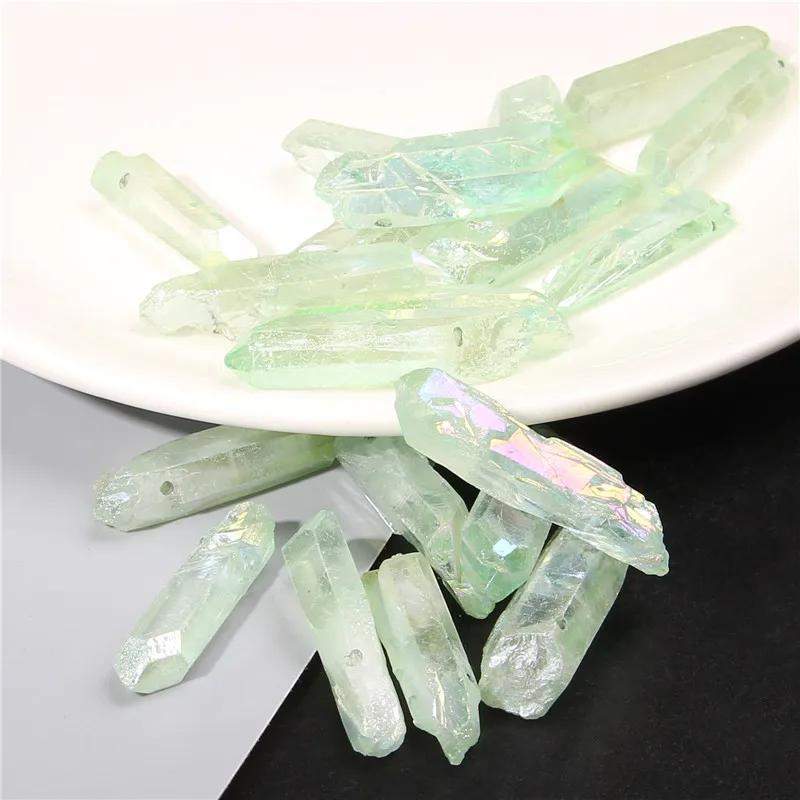 10 шт. светло зеленые необработанные кварцевые кристаллы бусины с отверстием