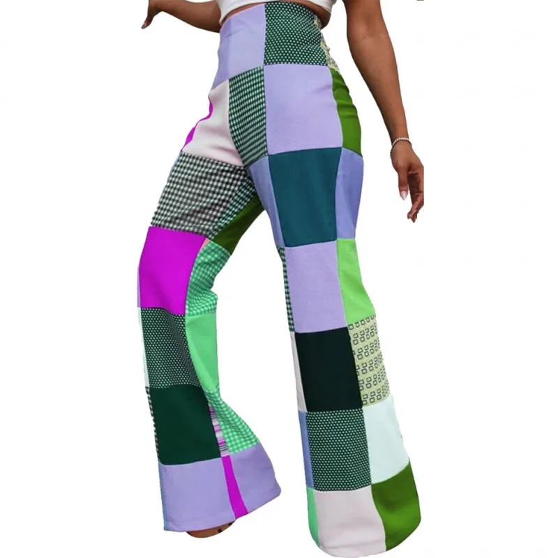 

Fashion Colors Geometric Print Pants Women High Waist Slim Full Flare Pants Spring Autumn New Elegant Streetwear Female Trousers