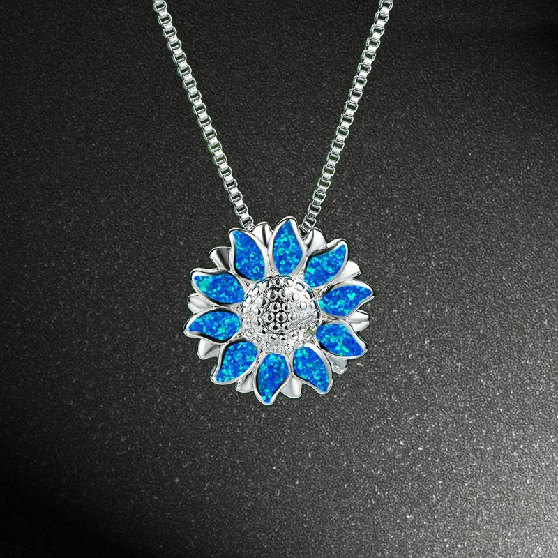 

New Fashion Imitation Opal Pendant Necklace for Women Statement Jewelry Accessories Cute Women Sunflower Flower Necklace