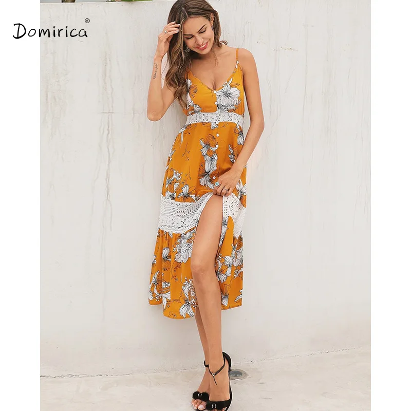 

Yellow Dress Summer Fashion Women's 2021 New V-neck Lace Women's Summer Sundresses Maxi Dresses for Women Hight Waist Long Dress