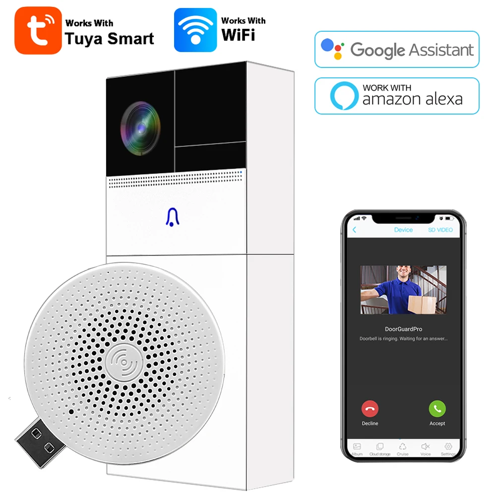 Tuya Wireless WiFi 1080P Video Doorbells with Battery USB Chime Compatible with Google and Alexa DC12 24V Doorbell Smart Lifefe
