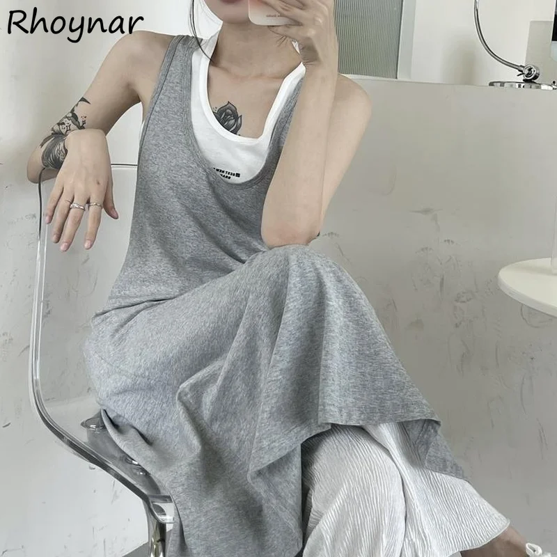 

Sleeveless Dress Women O-neck Spaghetti Strap Simple All Match Korean Style A-line Comfort Casual College Streetwear Fashion Ins