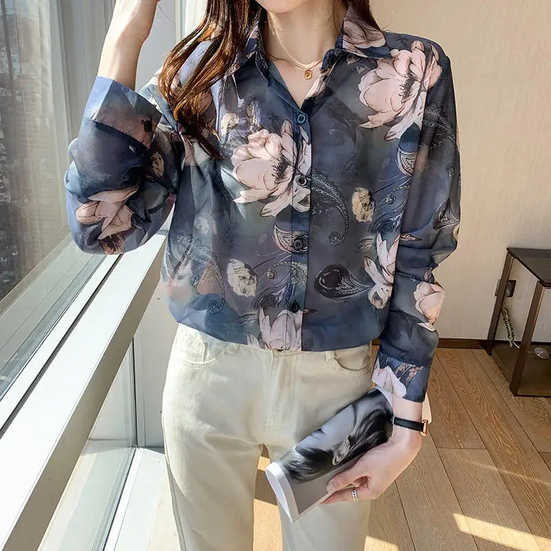 

New Chiffon Blouse Women Casual Vintage Print Shirt Ladies Tops Mujer Loose Fashion High Quality Long Sleeve Blouses Femme Q3822