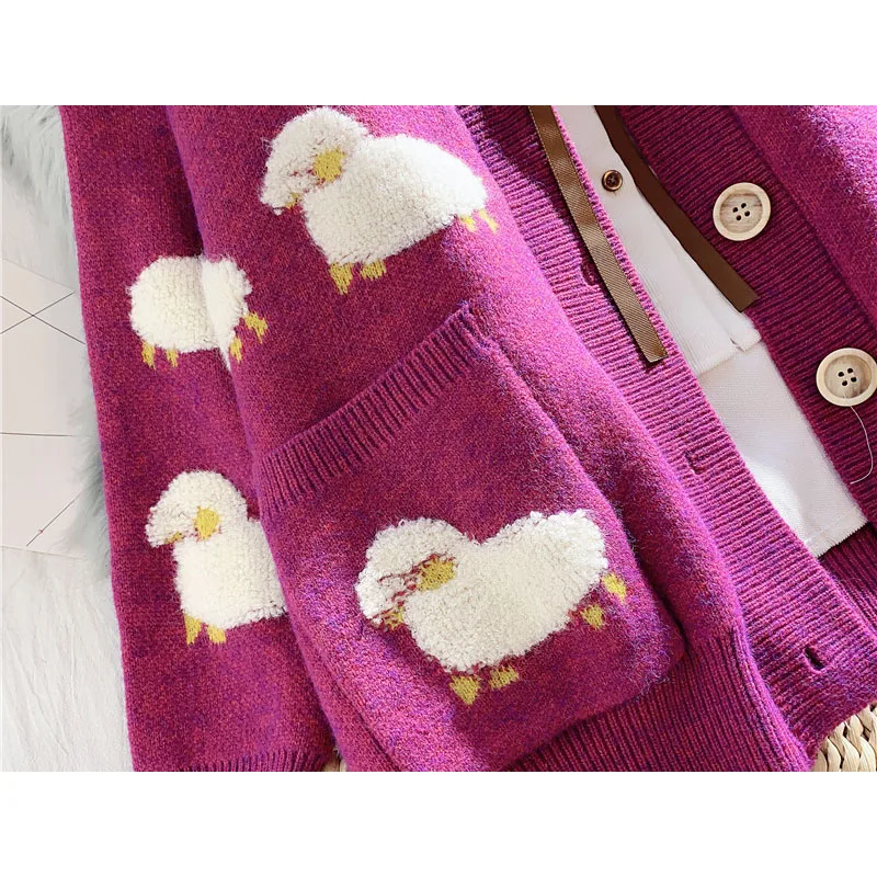 

Autumn Winter Knitted Female Cardigan Loose Streetwear Knit Sweater Coat Cute Cartoon Print V Neck knitted cardigan Women Jacket