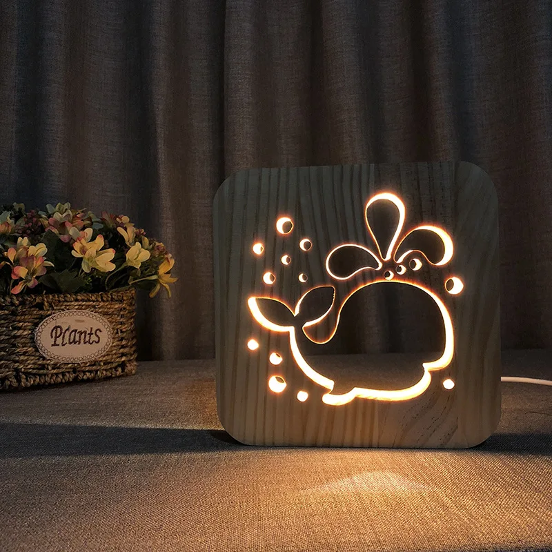 

New Wooden Whale Night Lamp 3D LED Night Lights for Kids Bedroom Bedside Warm White Unique Light Birthday Party Gift