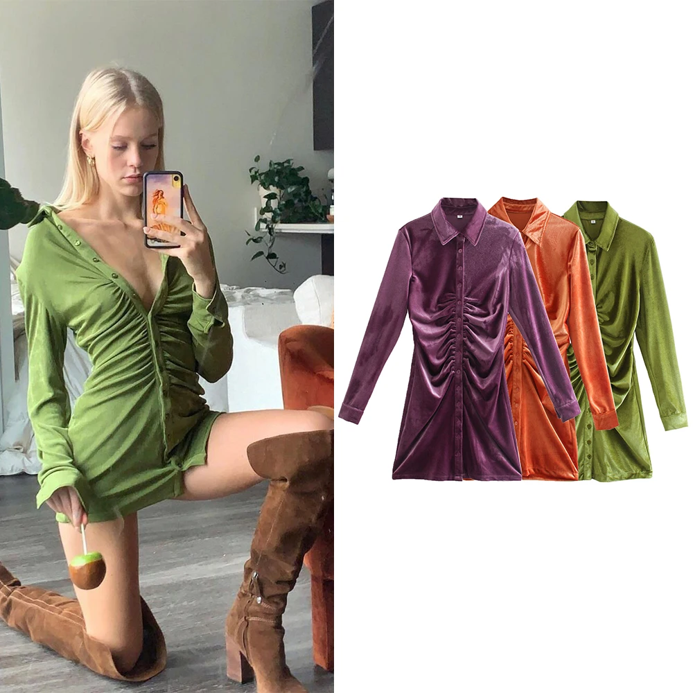 

Женские Сексуальные вечерние платья Za модные 2021 бархат оболочка винтажная мини-платье с длинными рукавами на пуговицах с v-образным вырезом...