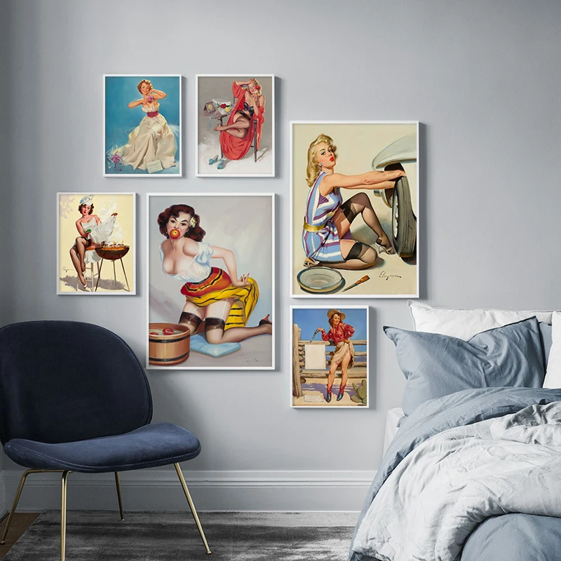 

Vintage Sexy Pin Up Girl Posters and Prints Figure Canvas Painting Retro Wall Art Picture for Bar Cafe Living Room Decor