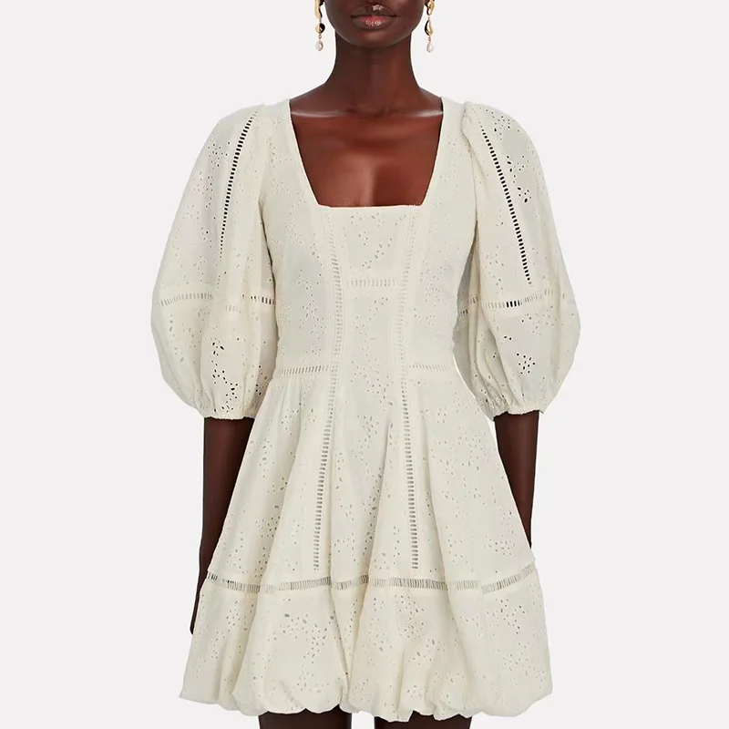 

HIGH QUALITY Newest 2021 Summer Fashion Square Neck Hollow Solid Color High Waist Dress