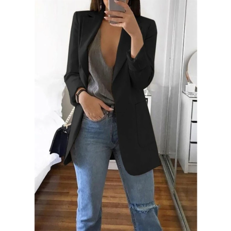 Однотонные женские куртки и пальто 5XL размера плюс, Осеннее болеро с длинным рукавом и отложным воротником, женские куртки с карманами