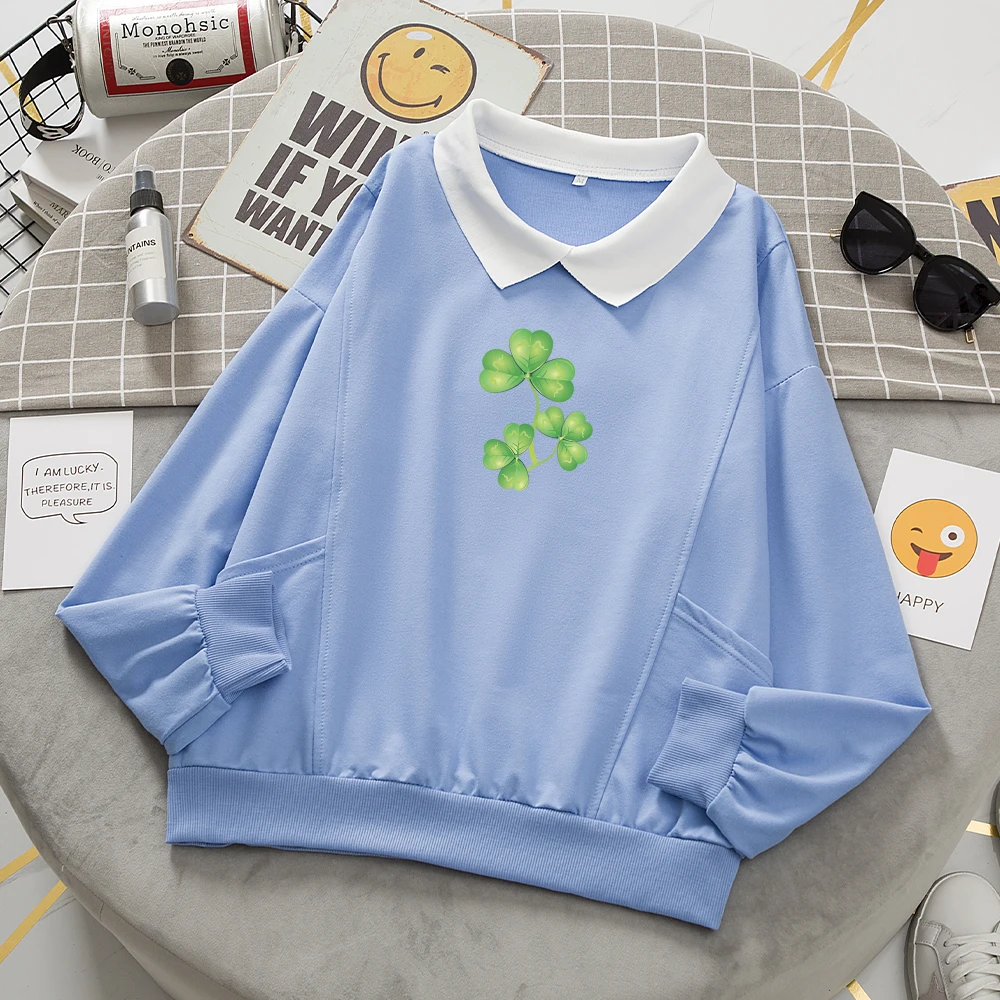 Cute for Friends Harajuku Hoodie Cotton Collar Autumn Sweatshirts Hoodies Women Plant Green Printed Sweetshirt St. Patrick's Day