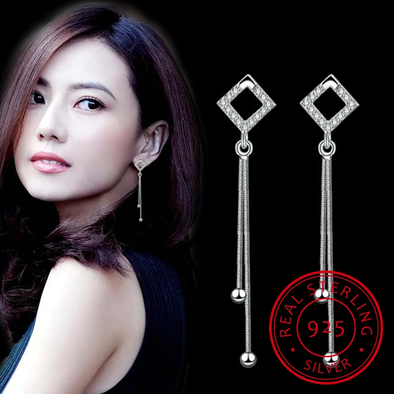 

Реальные 925 стерлингового серебра Brincos, можно носить с украшением в виде кристаллов, квадратной формы с длинной бахромой Висячие серьги для ...