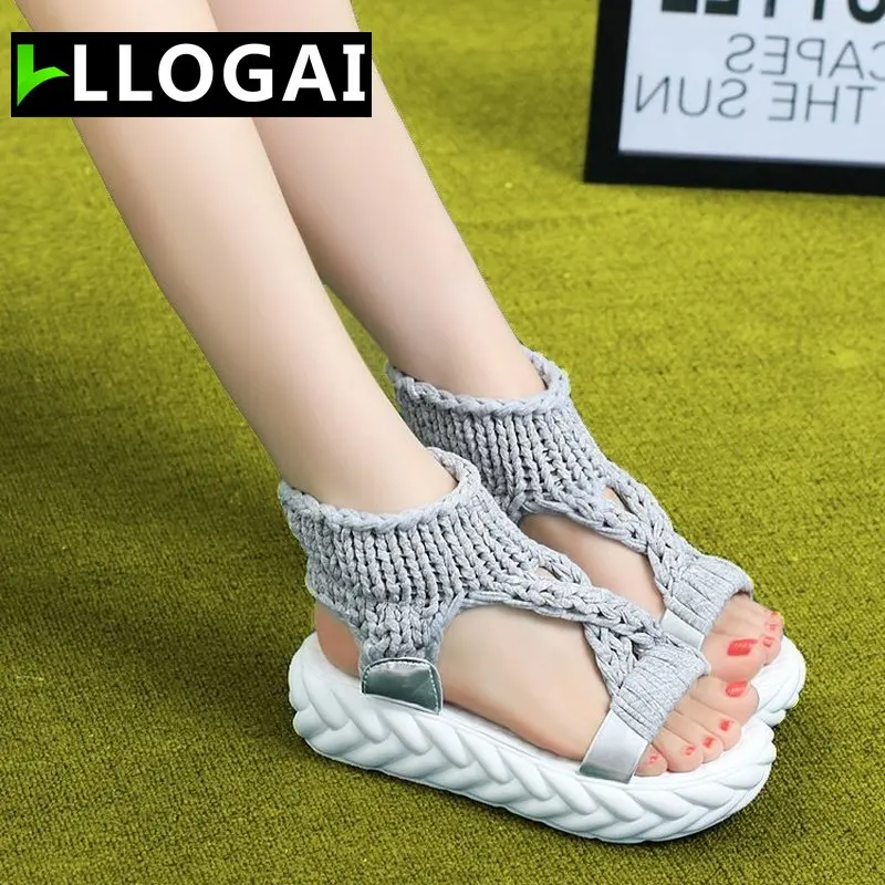 

Comfortable Casual Wool Women Summer Sandals Knit Platform Shoes Candy Color Wedges Sandalias For Women High Heel Summer Shoes